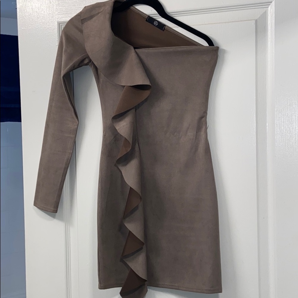 One-Shoulder Ruffle Mini Dress in Taupe